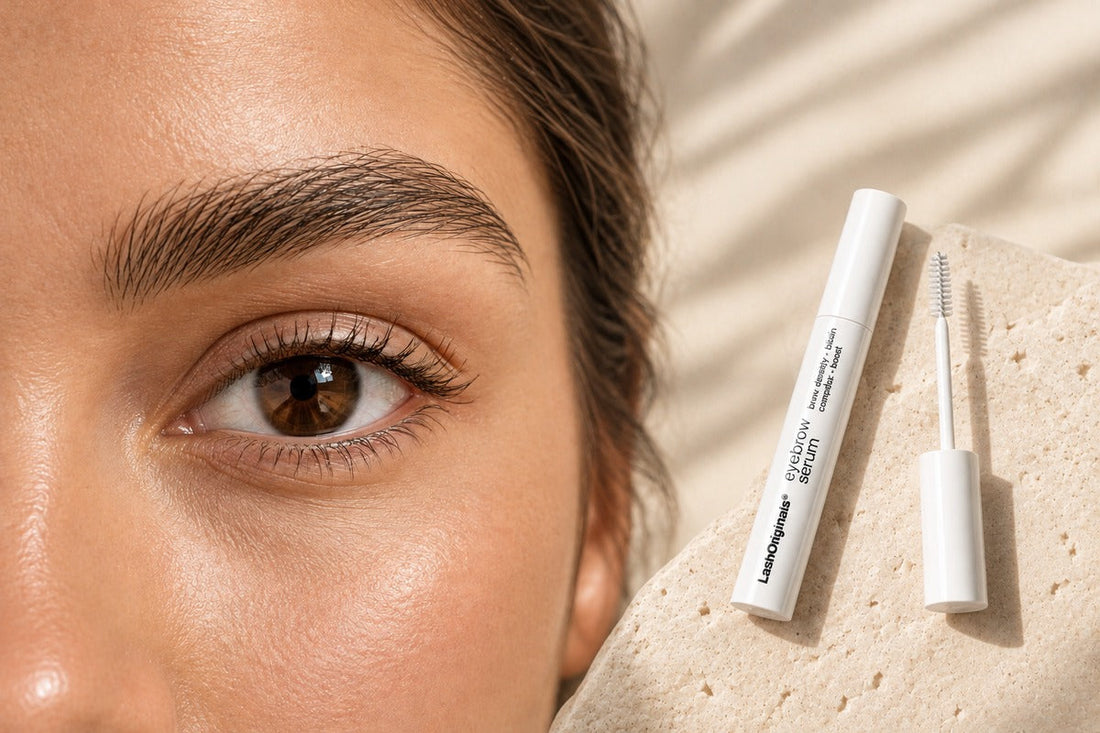 LashOriginals Brow Serum and its white applicator beside an open brown eye and natural eyebrow on a warm stone surface.