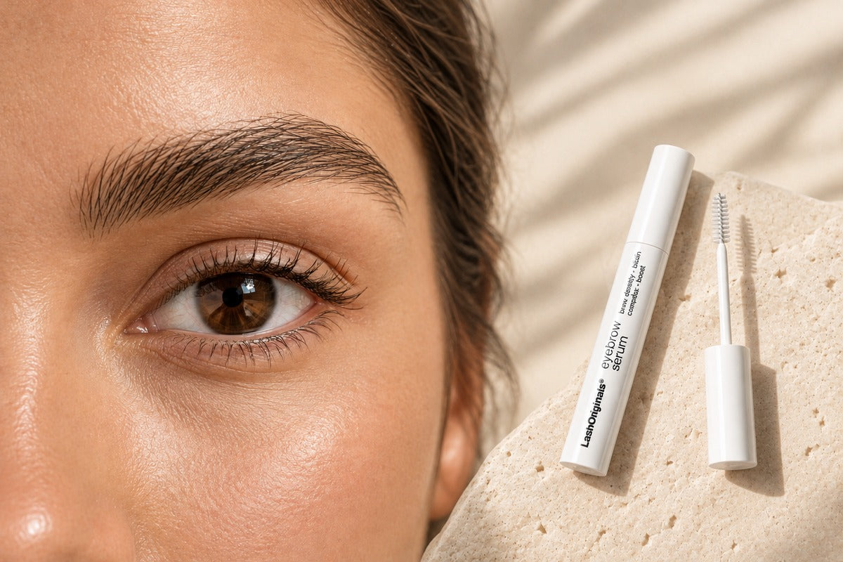 LashOriginals Brow Serum and its white applicator beside an open brown eye and natural eyebrow on a warm stone surface.