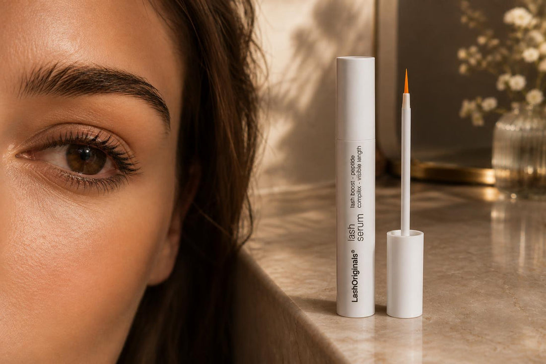 Open brown eye beside the LashOriginals Lash Serum tube and its fine-tip applicator on a warm stone vanity.